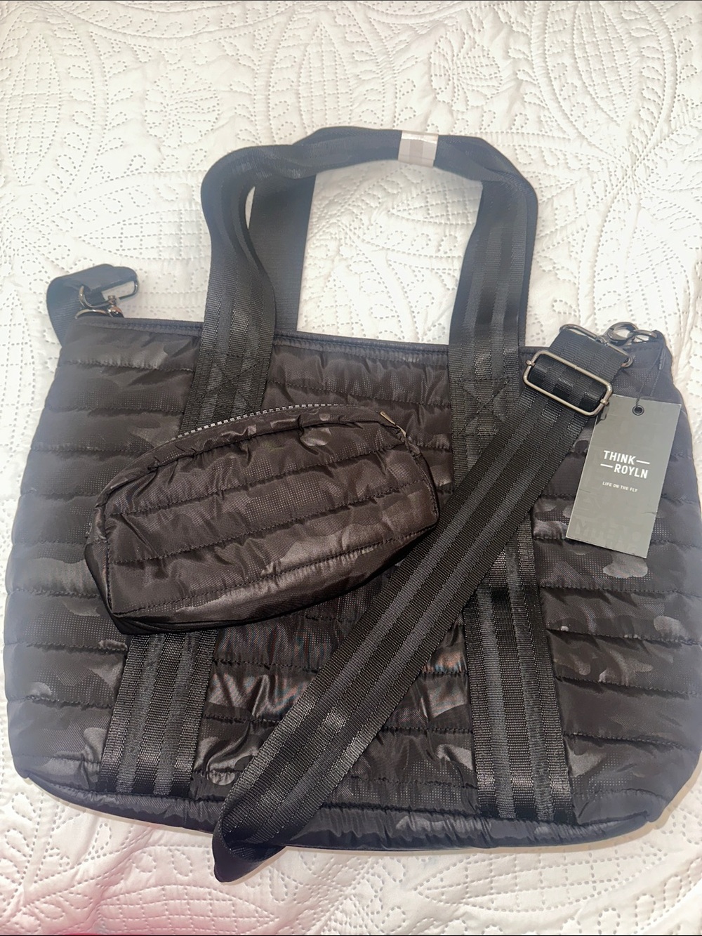 NWT Think Royln camo black Tote Bag with Adjustable Strap and matching pouch